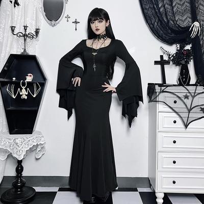 Patchwork Halloween Maxikleid Schlankes Grunge-Kleid Bodycon Gotisches Fledermausärmelkleid Kostüm