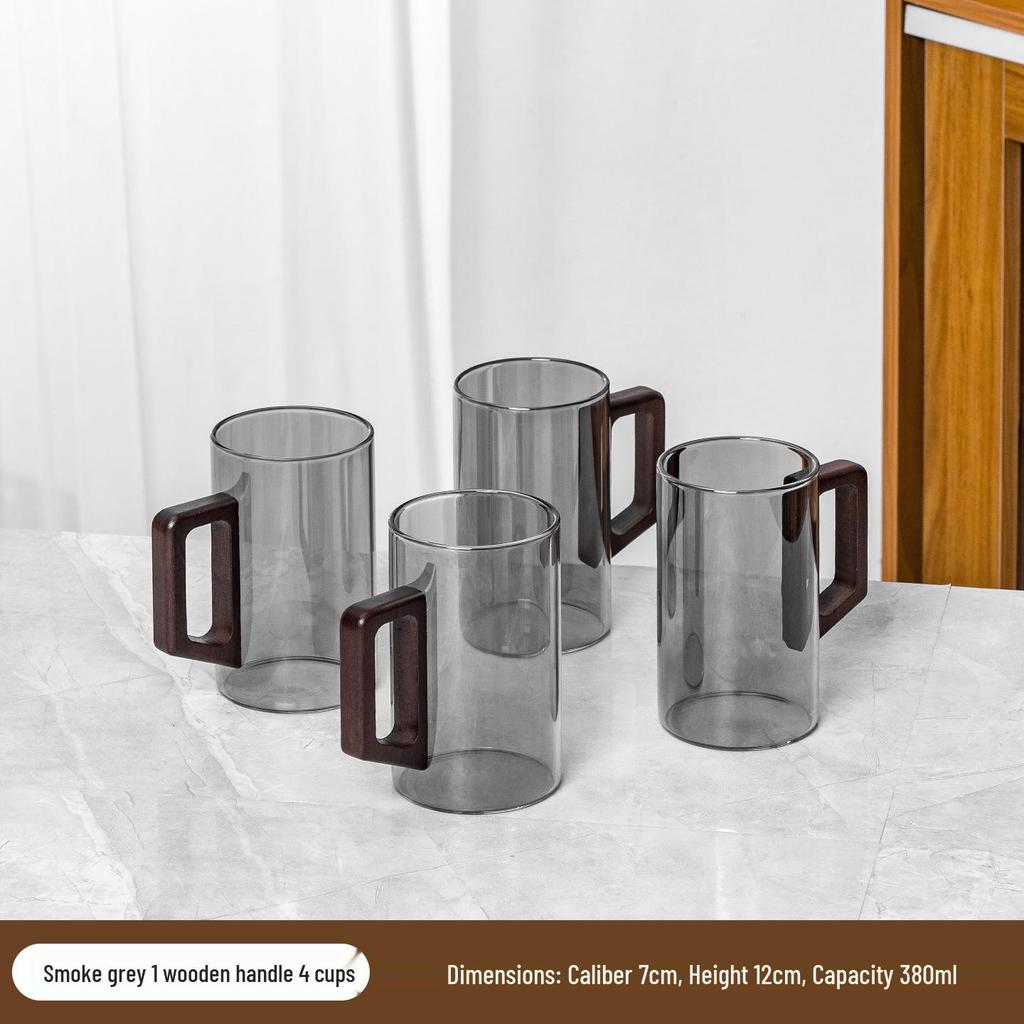High-Temperature Resistant Tea Cup Set: Thickened Borosilicate Glass with Wooden Pistol Grip Handle