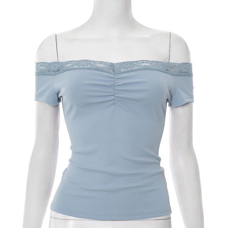 

Solid Color One Cut Lace Sexy Top Blue L