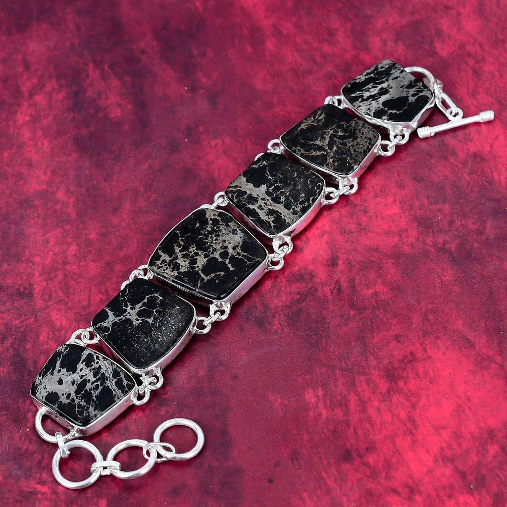 Black Sea Sediment 925 Solid Sterling Silver Bracelet with Adjustable Chain, Handmade Gemstone Jewelry Bracelet For Memorial Day