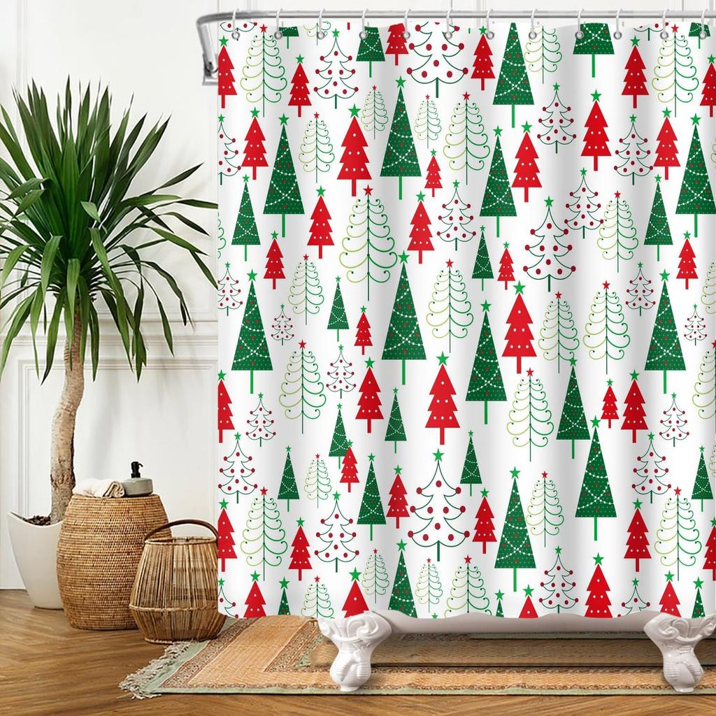 Christmas Tree Shower Curtain Green Red Xmas Trees Shower Curtains For Bathroom Decorations New Year Holiday Bathroom Curtain