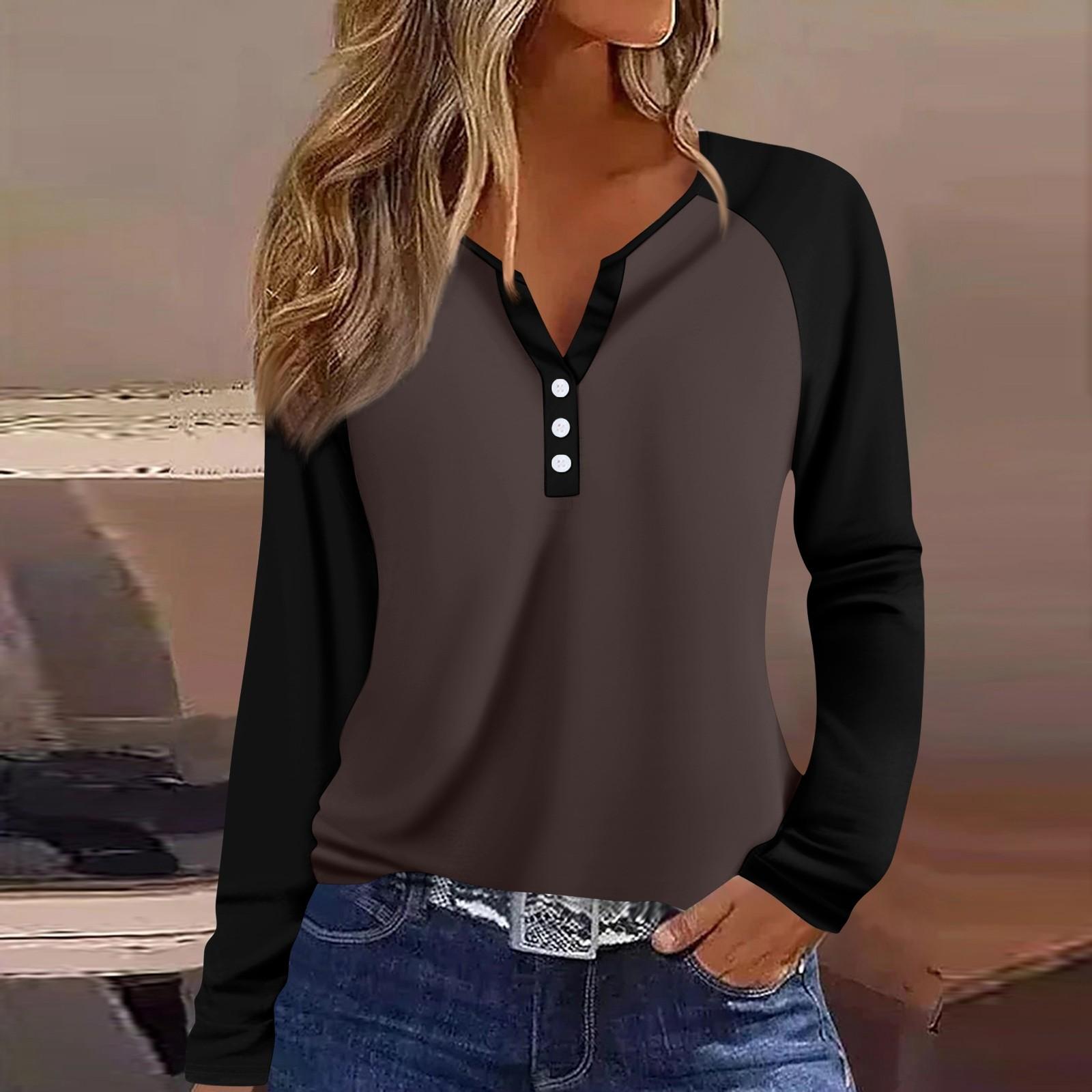 

Women s T Shirt Color Block Button Long Sleeve Daily Weekend Fashion Basic V- Neck Regular Top L кавовий