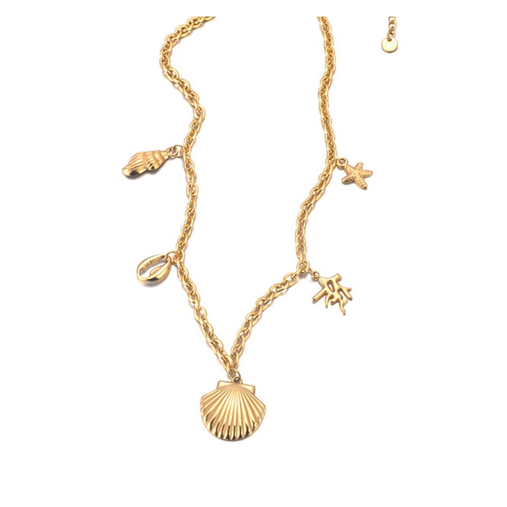 JeeMango Stainless Steel Shell Coral Starfish Pendant Bracelet for Women Personality 18K Gold Plated Ocean Style Jewelry B25134