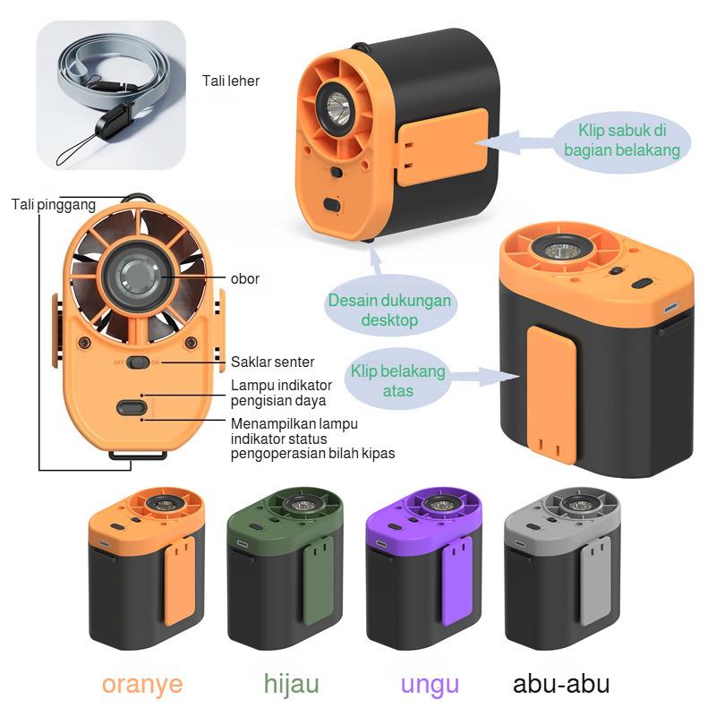 Summer waist clip mini fan 100-level cool wind, portable outdoor flashlight for construction workers and camping trips