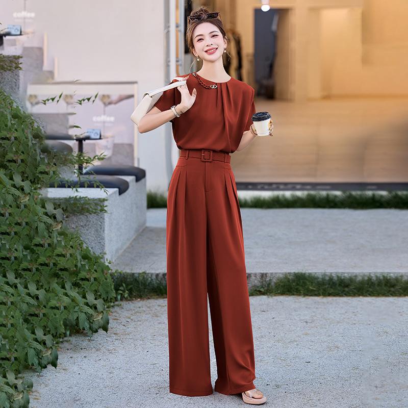 Royal Sister Fan Fashion Suit Women's  New Design Short-sleeved Shirt Drape Wide-leg Pants Two-piece Set Trendy