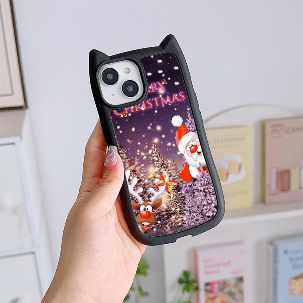 Cat Ear Soft Phone Case for iPhone 16 15 14 13 12 11 Pro Max Plus XR TPU Anti-Drop Transparent Acrylic Back Cover NY29 Merry Christmas Christmas tree