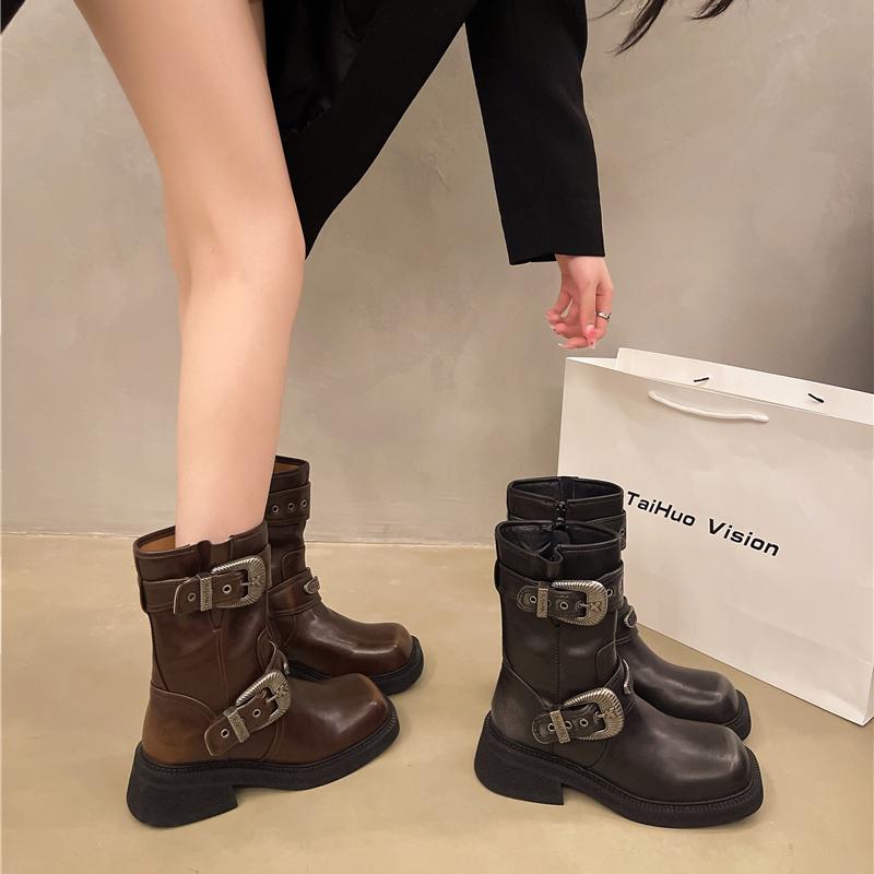 Fashion New Autumn Chunky Single Boots Women's Square Metal Belt Buckle Side Zipper Thick Sole Non-slip Mid-calf Boots