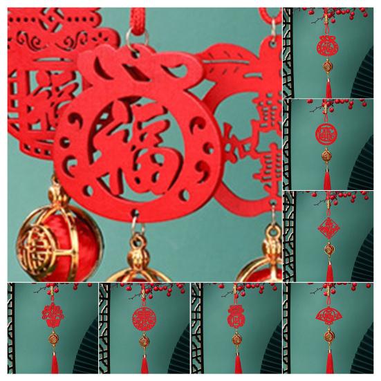 Chinese New Year Decorations Wooden Plaque Ornaments with Tassels Red Lucky Fu Pendant for Indoor Bonsai Plants Spring Festival Home Office Decor