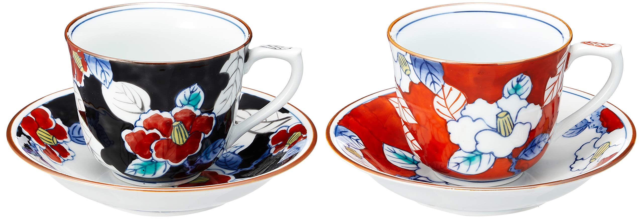 

Arita ware, fully hand-painted, colorful camellia pattern, pair of coffee cups and saucers, ama-677208