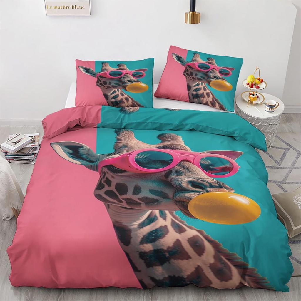 Funny Giraffe Duvet Cover King 3 Piece Colorful Animals Bedding Set, Soft Microfiber Graffiti Quilt Cover Set with Pillowcases