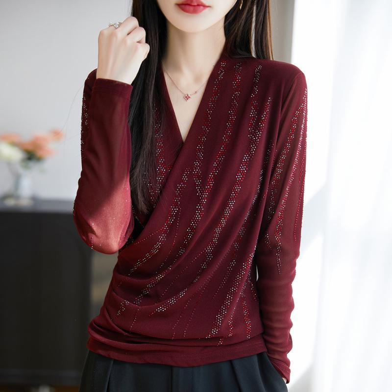 Women's V-Neck Long Sleeve Mesh Base Layer Top - Fashionable Age-Defying Crossover Neck Solid Color T-Shirt