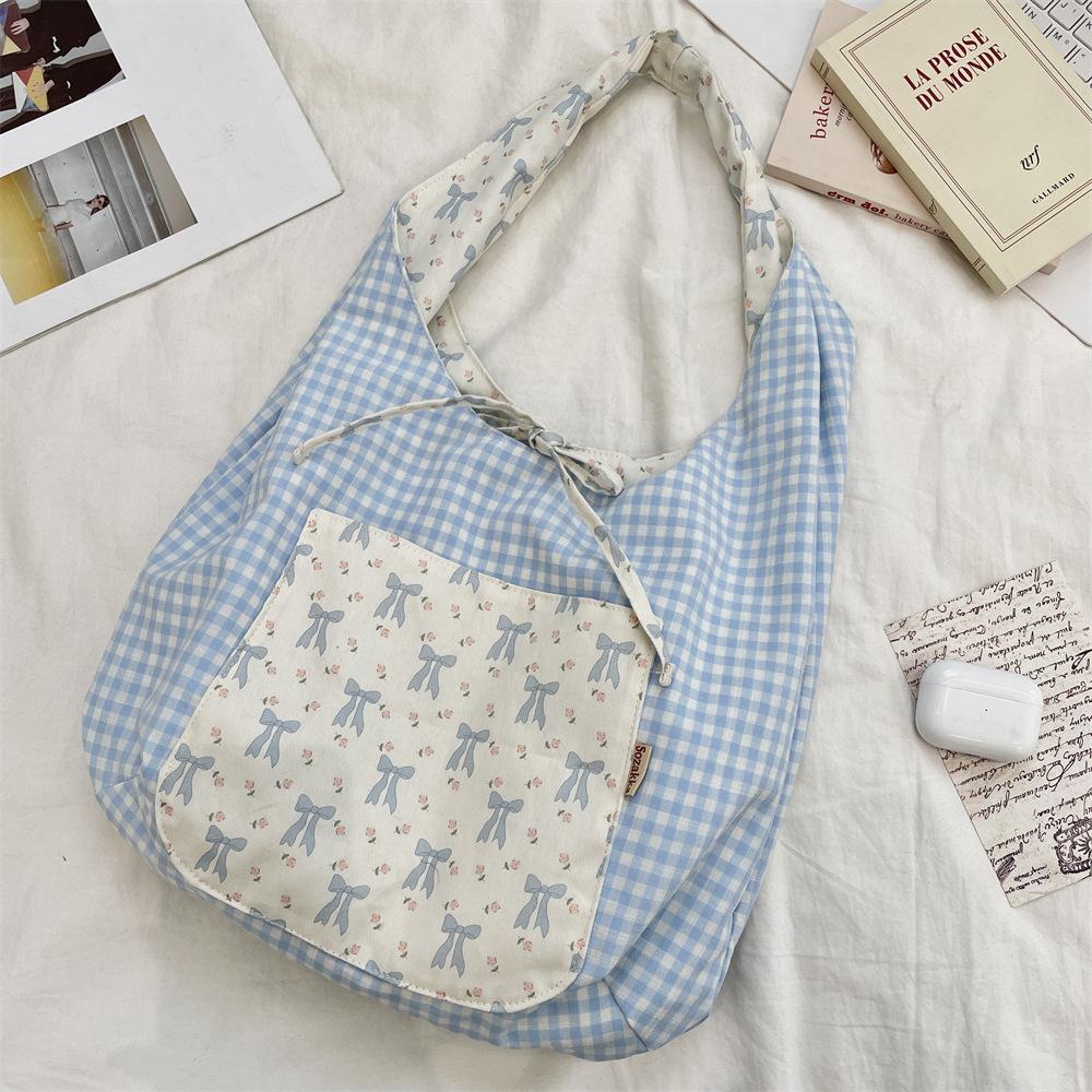 5591 Floral Plaid Tether Bow Shoulder Bag Spring and Summer Leisure Travel Large Capacity Tote Bag