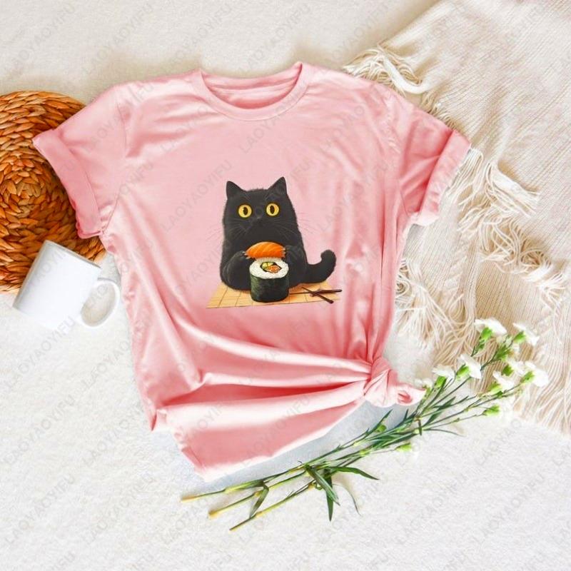 

Sushi Cat Unisex Adult Cotton TShirt Creative Trend Kawaii Japanese Foodie Simple Style Oneck Printed Tops Clothes For Women 4XL