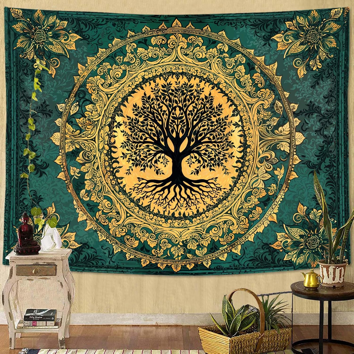 Гобелен Древо Жизни Винтажный Природа Зеленый Розовый Растение Цветочный Цветы Листья Птицы Гобелены для Спальни Эстетика Ретро Индийский 40X60CM