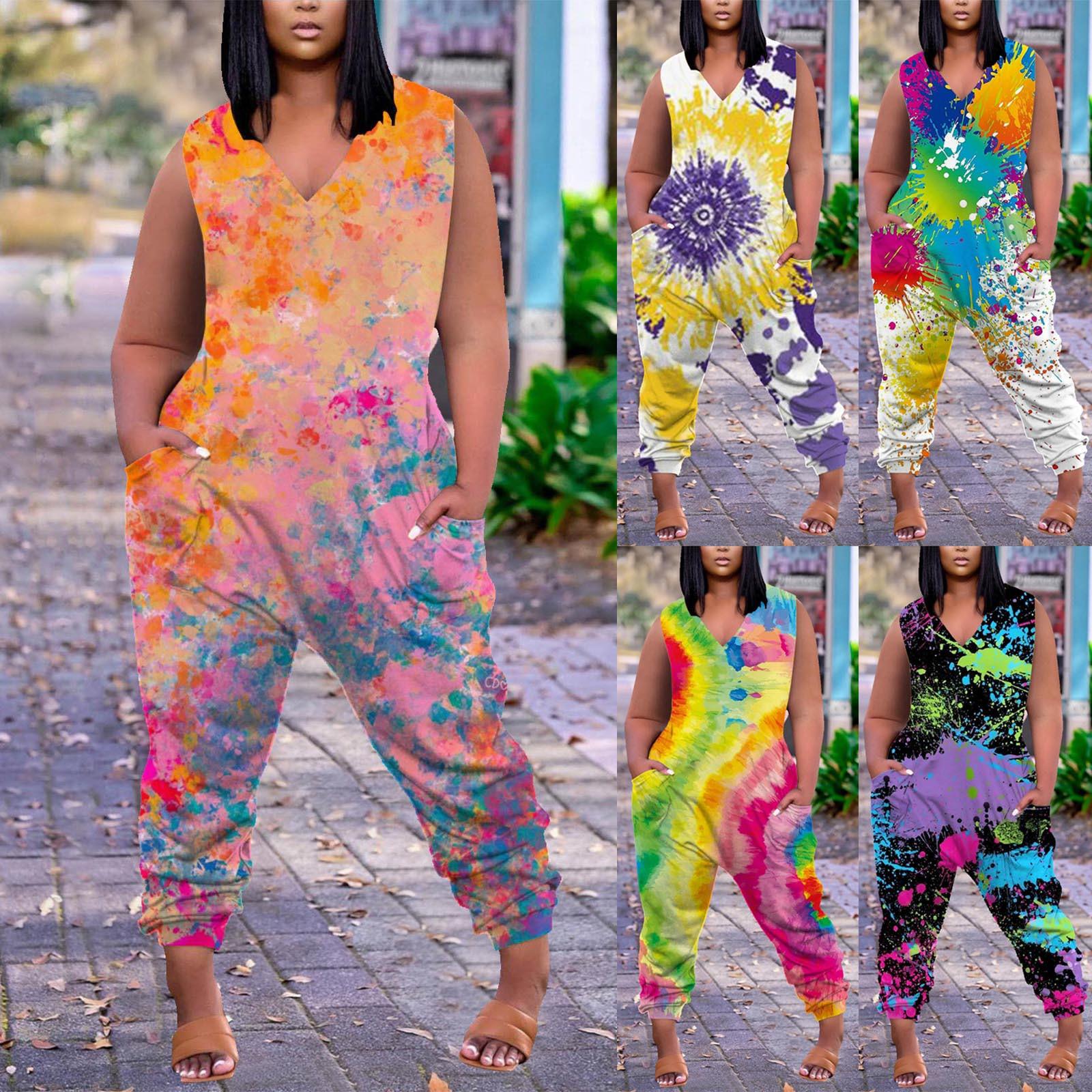 

Комбинезон с карманами и V-образным вырезом, комбинезон без рукавов больших размеров, длинные брюки, комбинезон с принтом, повседневный комфортный модный комбинезон со свободными рукавами, летние брюки Jum