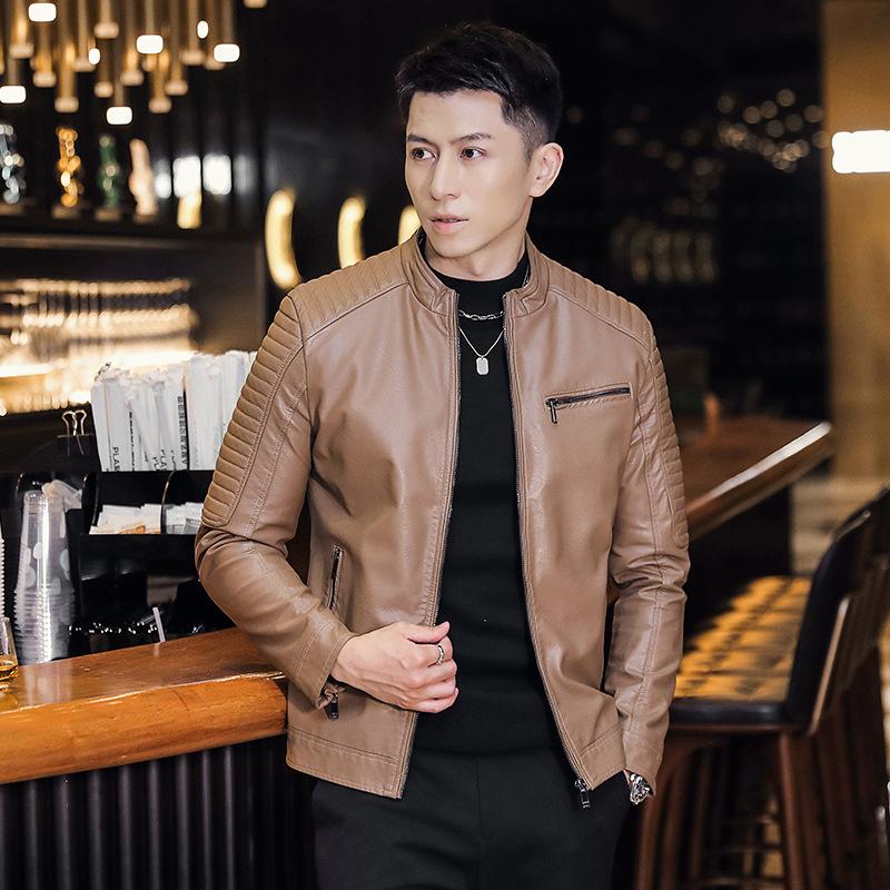 Men's coat trend slim fit versatile spring and autumn new pu leather jacket stand-up collar locomotive jacket men's top coat men's