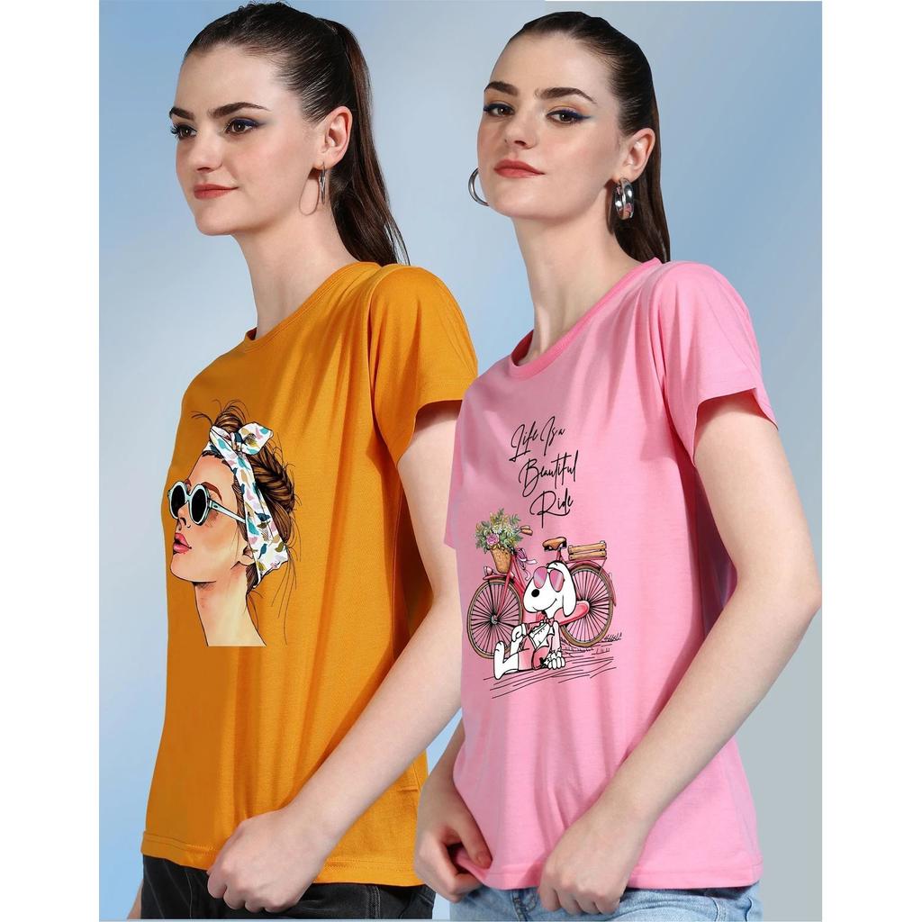 Indian Cotton Blend Women T-Shirt Short Sleeve Casual Round Neck Top Pack Of 2