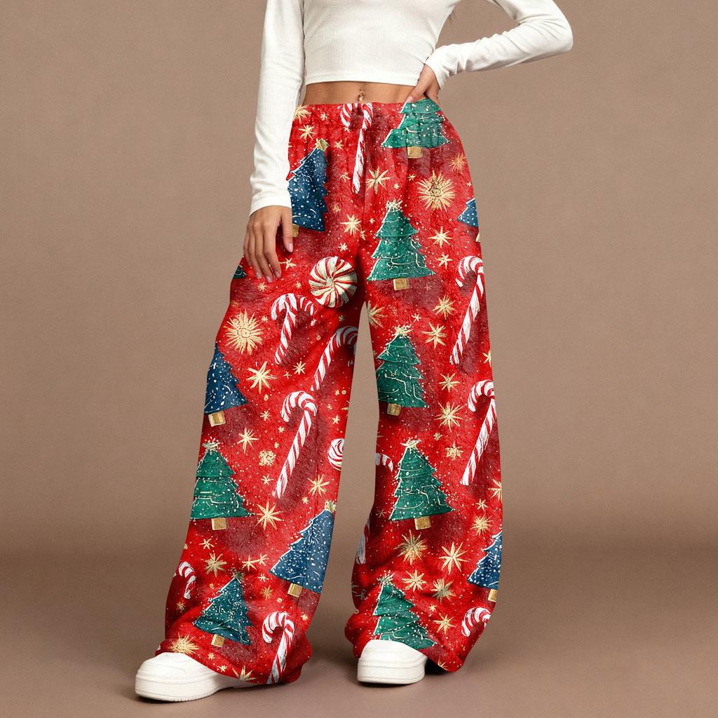 Women's Casual Fashion Christmas Print Elastic Waist Loose Plush Wide Leg Pants
