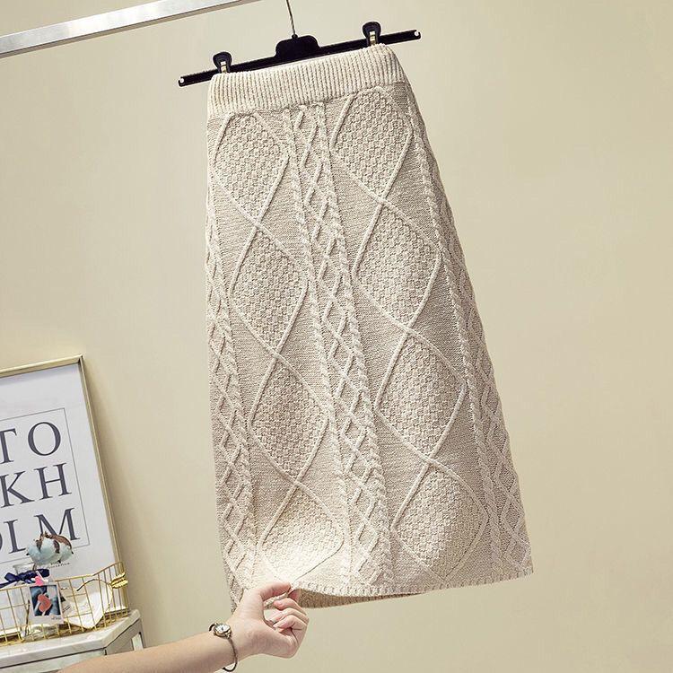 Fried Dough Twists Lingge Strickrock für Damen im Herbst und Winter, hohe Taille, schmaler, verdickter, mittellanger, umwickelter Hüftrock aus Wolle