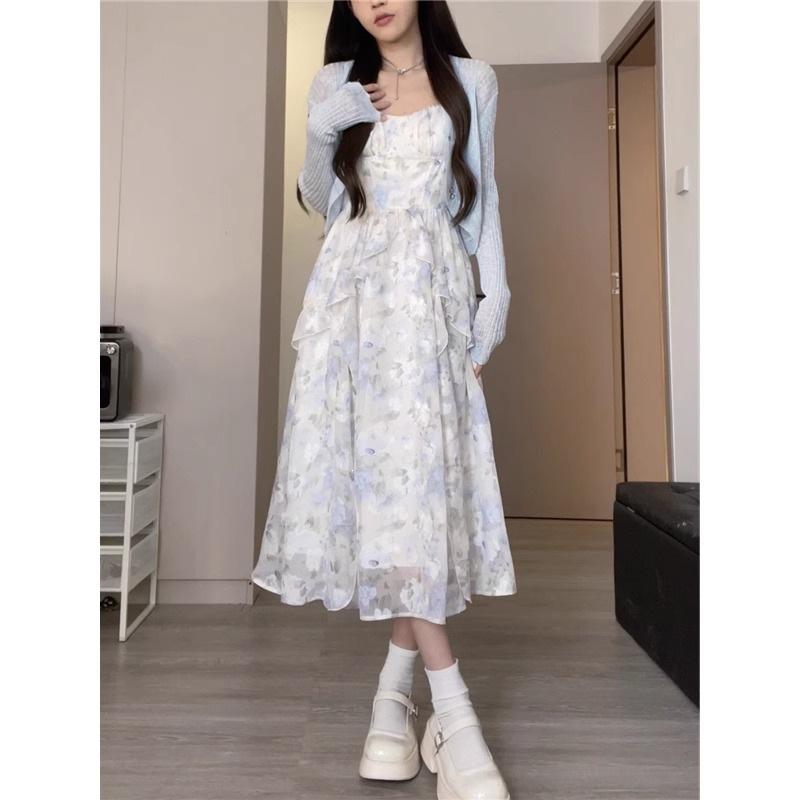 Sweet and spicy lotus leaf edge 2026 new French temperament niche floral dress women's summer new suspender skirt