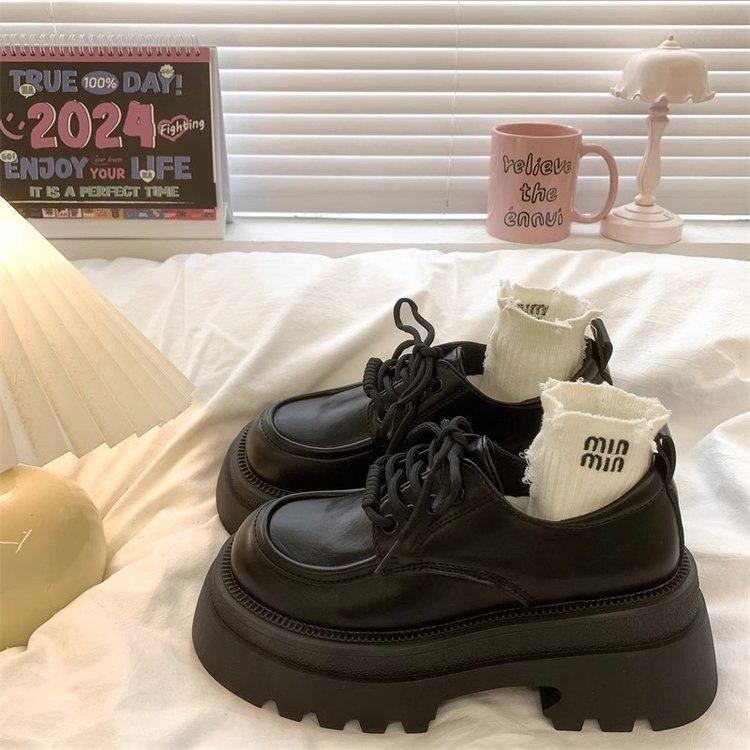 Muffin platform small leather shoes spring new white British style round head lace-up Japanese single shoes