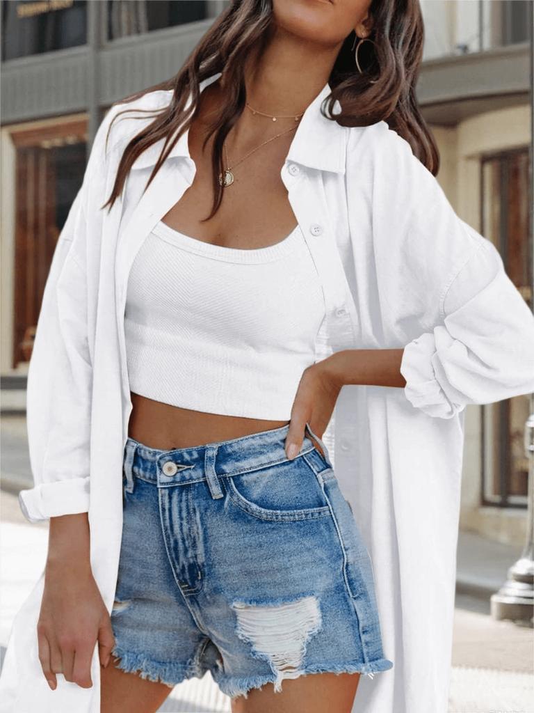 Women's Oversized Button Down Blouse Long Sleeve Stand Collar Loose Casual Top with Pockets