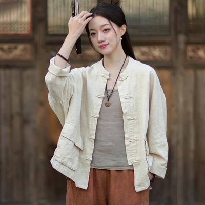 Camicie Vintage da Donna Top Primavera Stile Cinese Colore Unito Camicette Tasche Bottoni Collo Alto Camicie