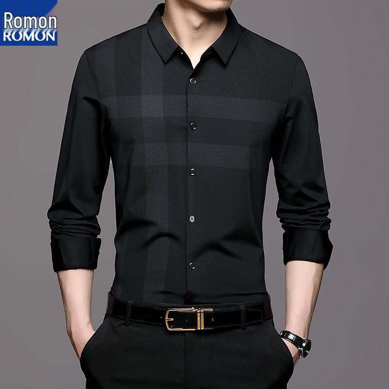 Romon Herren Maulbeerseide Langarm Nahtloses Knitterfreies Business Casual Hemd