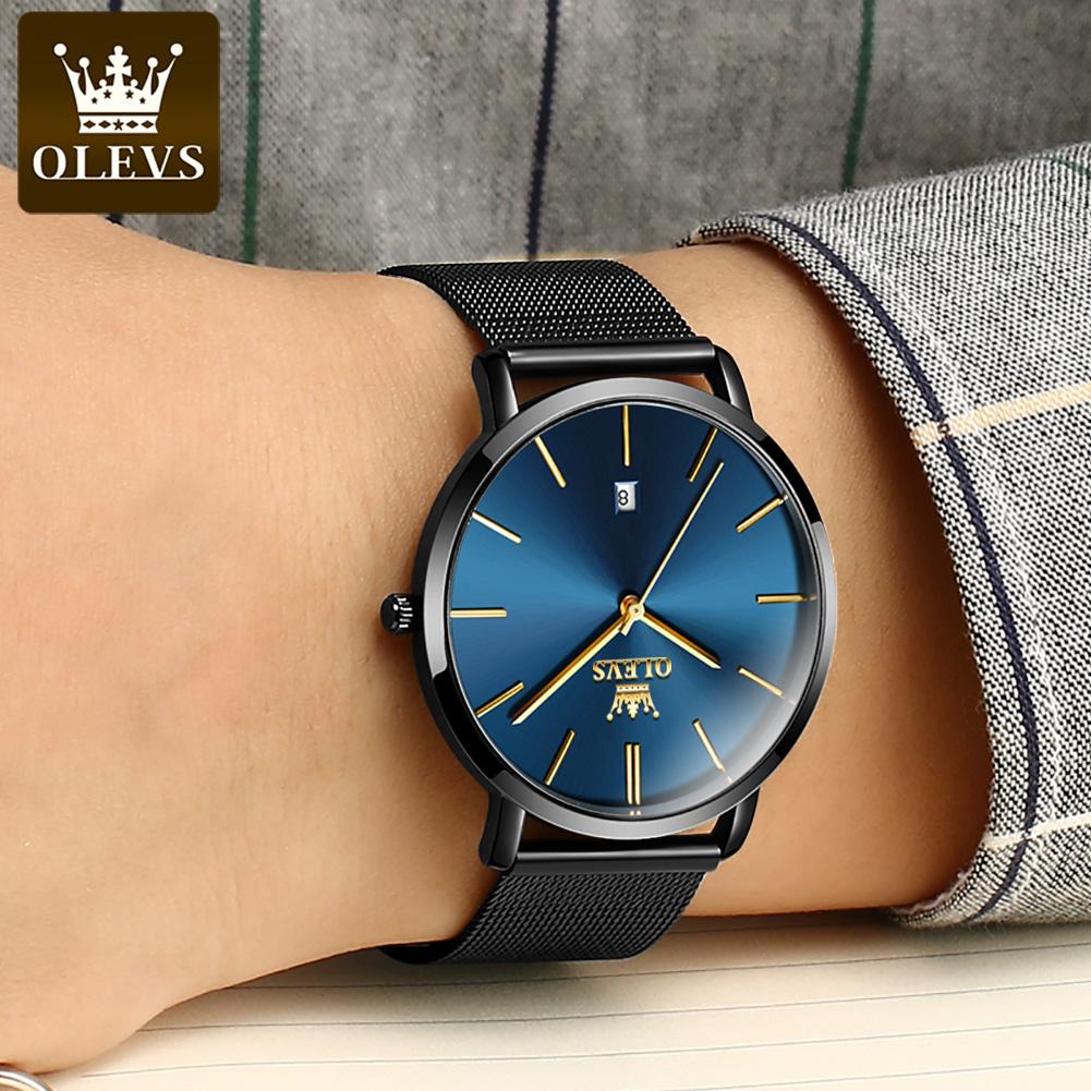 OLEVS Ultra Thin 6.5mm Minimalist Fashion Quartz Watch for Men Mesh Steel Strap Auto Date Waterproof Men Wristwatches