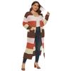 Plus Size Women's Mixed Color Patchwork with Contrasting Stripes, Large Pockets, Long Woven Sweater Jacket with Cardigan 190775