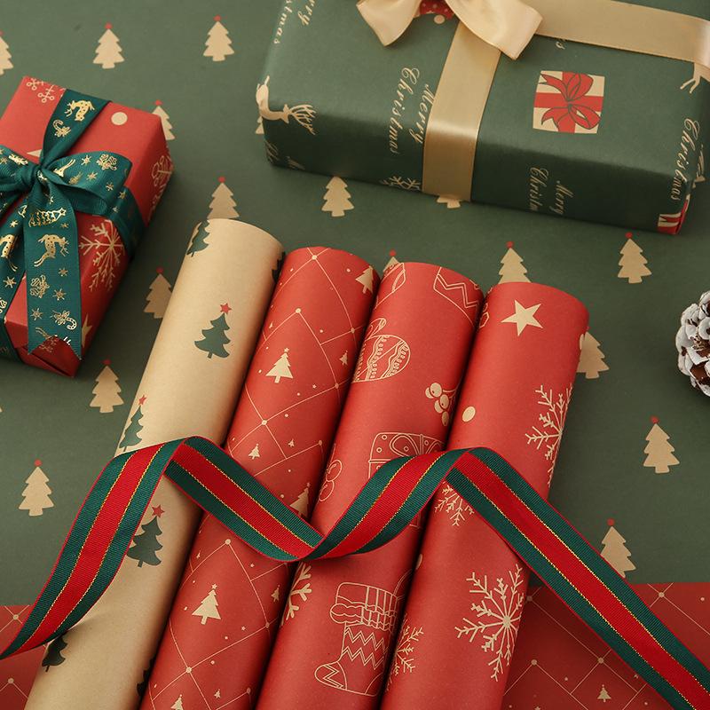 1/10rolls Christmas Kraft Wrapping Paper Red Green DIY Xmas Tree Santa Claus Snowflake Patterns Gifts Craft Packaging Party Home