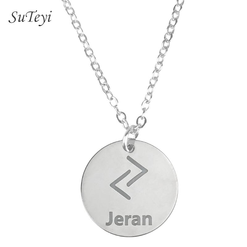 Round 25 Rune Letter Pendant Necklace Silver Color Stainless Steel Disc Viking Necklaces For Women Men