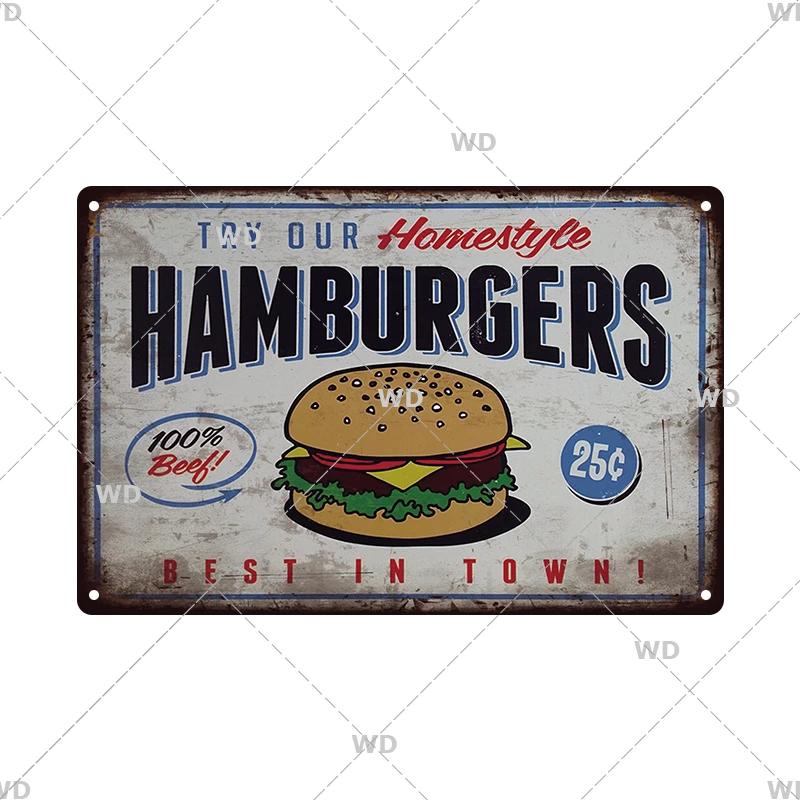 Panneau en étain pour hamburgers, frites, HotDogs, FastFood, Plaque métallique rétro Vintage, affiche en métal, Pizza BBQ pour décoration murale de cuisine