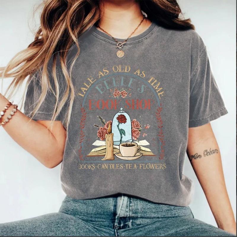 Camiseta Feminina de Verão com Gola Redonda, Respirável, de Manga Curta, Lavada e Envelhecida