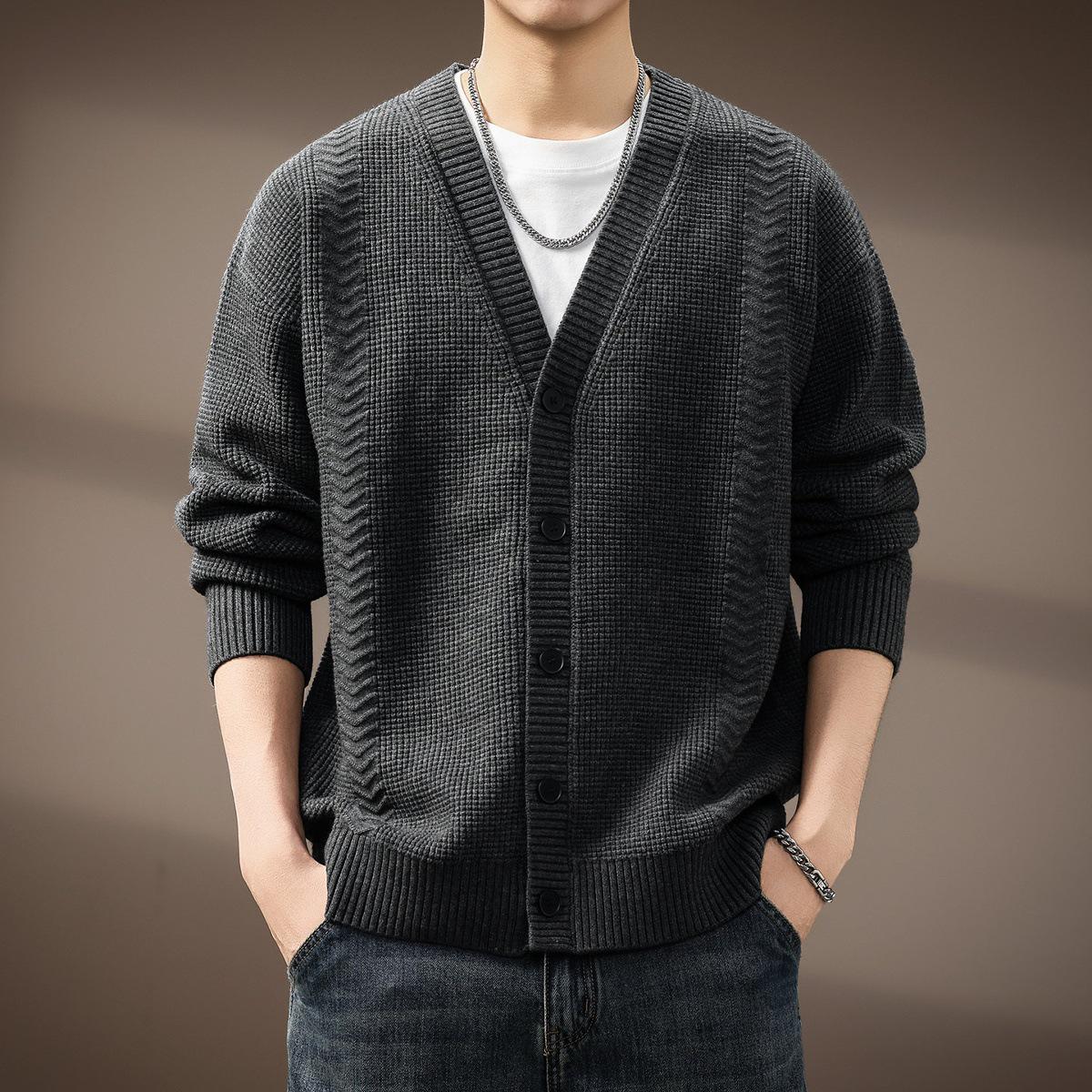

Men s High-End Old Money Style V-Neck Knitted Winter Cardigan L 120-140 lbs темно-сірий
