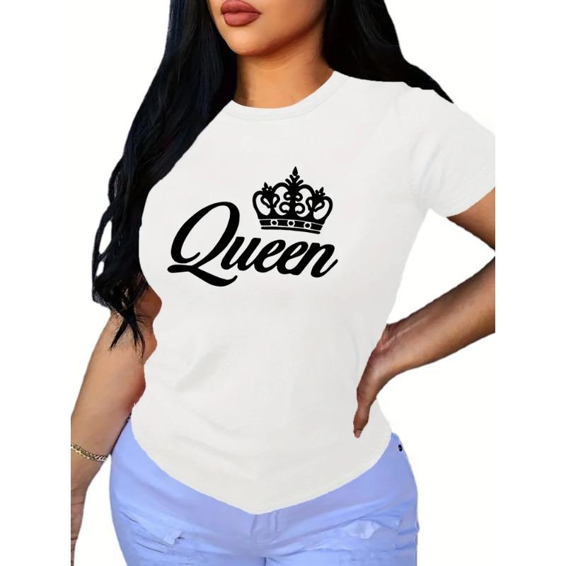 Crown Letter Print Crew Neck T-Shirt, Casual Short Sleeve T-Shirt For Spring & Summer, Women's Clothing