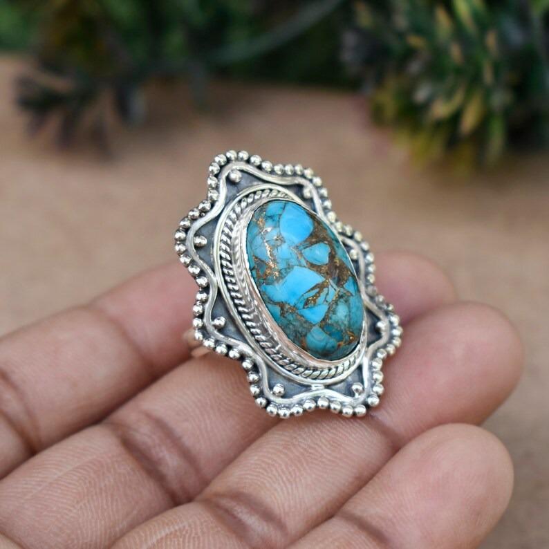 Inel cu piatră prețioasă ovală turcoaz albastru, inel de argint 925, inel Boho, cadou pentru ea, inel de declarație, inel de designer, inel pentru femei