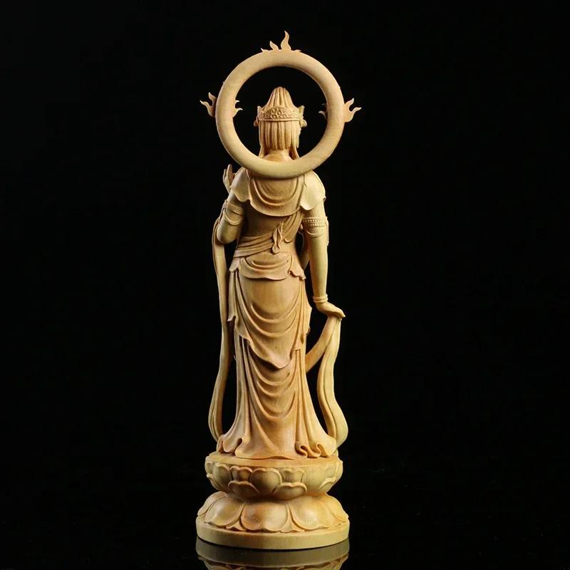 21CM Boxwood Carving Furnishing Ornaments Wood Crafts Buddha Statue Guanyin Sculpture Gifts