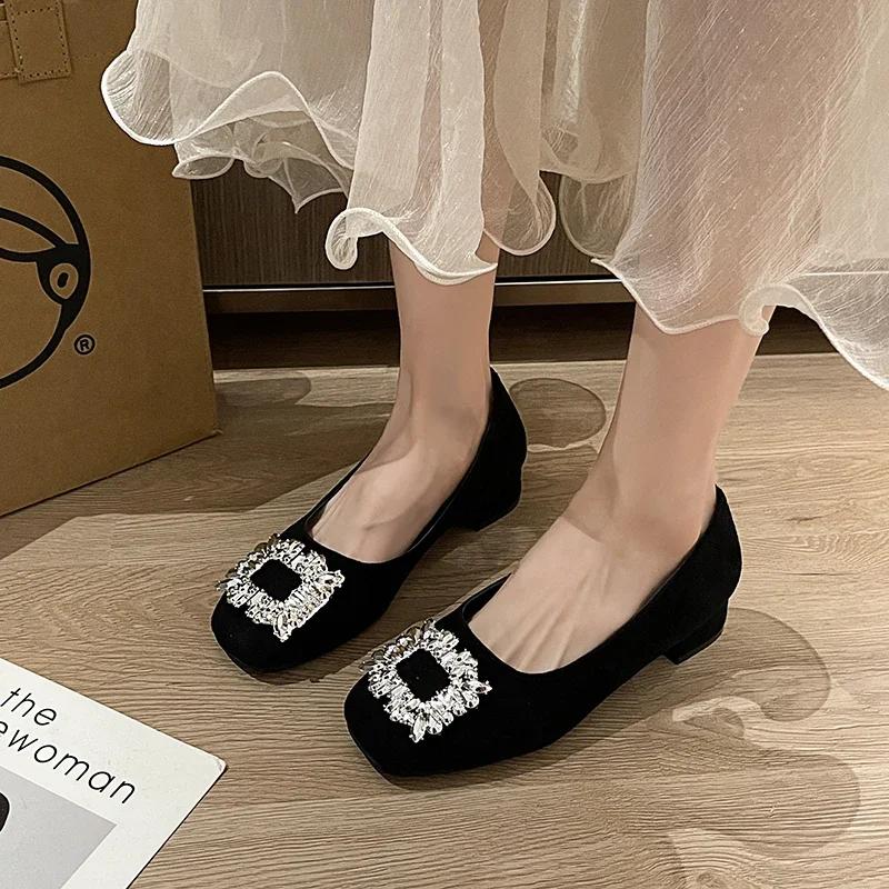 Fashion Women Square Heel Round Toe Crystal Pumps Plus Size 35-42 Black  Elegant Office Shoes For Ladies Comfortable Slip Ons 3.5cm