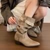 "American Lazy" Vintage Pleated Stacked Boots, Women's Autumn and Winter Pointed-toe Western Denim Boots, Thick Heels, Mid-top Knight Boots