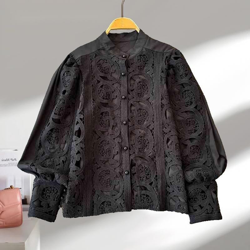 Fashion Retro Hollow Out Embroidered Lantern Sleeve Shirt Women's Tops Single Breasted Solid Loose Casual Blouses Women Elegant Round Neck Shirt 26447