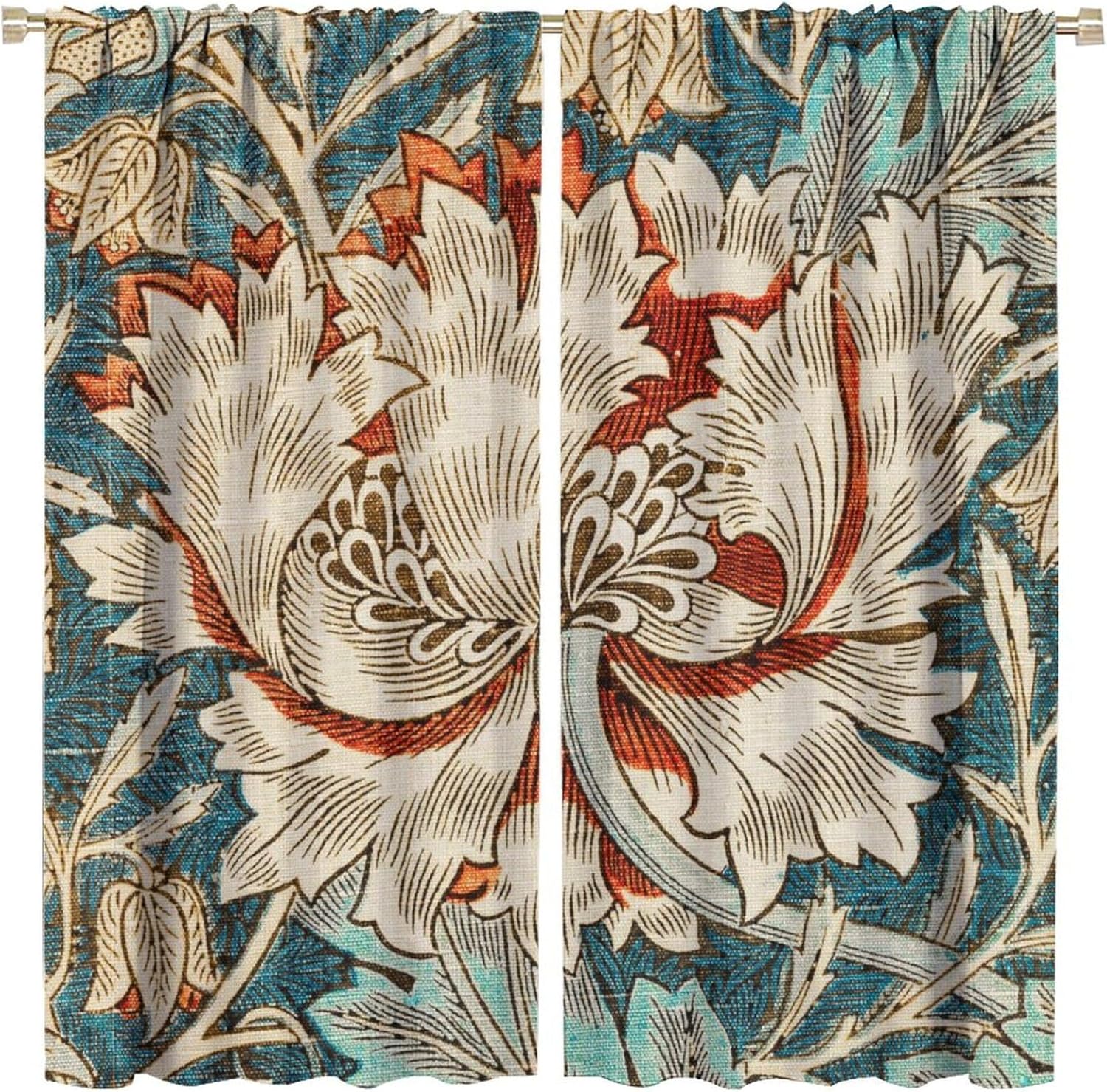 

Room Darkening William Morris Plant Floral Window Curtains Vintage Rustic Flowers Art Style Drapes Fo Curtain Bohemian Made Of Polyester Washable W100*H70(CM)-Hooks&2PCS