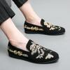 Men's Chinese Embroidered Black Leather Loafers – Large Size Casual Slip-ons