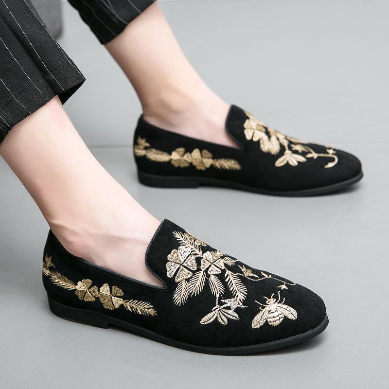 Men's Chinese Embroidered Black Leather Loafers – Large Size Casual Slip-ons