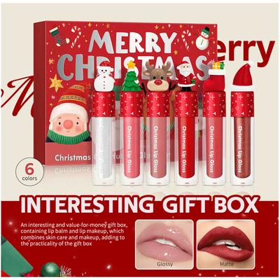Christmas Lip Gloss Gift Set of 6, Shimmer Lip Oil & Matte Liquid Lipstick, Hydrating Lip Care Kit