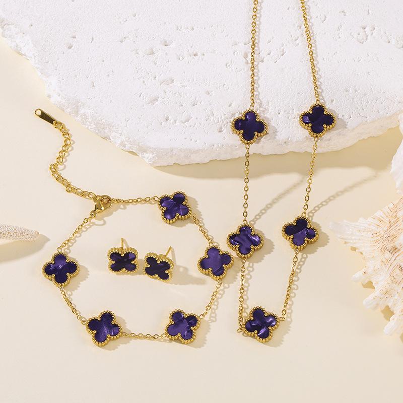 Set da 3 pezzi in acciaio al titanio, resistente allo sbiadimento, a doppia faccia, con quadrifoglio, moda donna, elegante, lusso leggero, collana per clavicola e braccialetto
