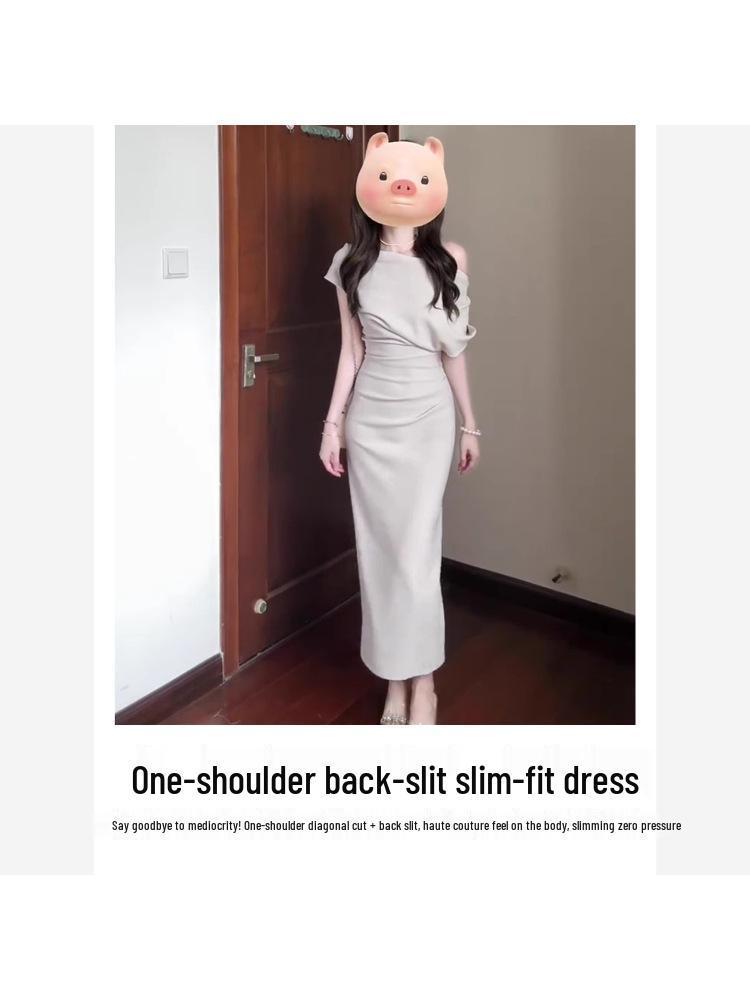 Stunning Apricot Off-Shoulder Bodycon Summer Dress - Women's Elegant Diagonal One-Shoulder Evening Gown