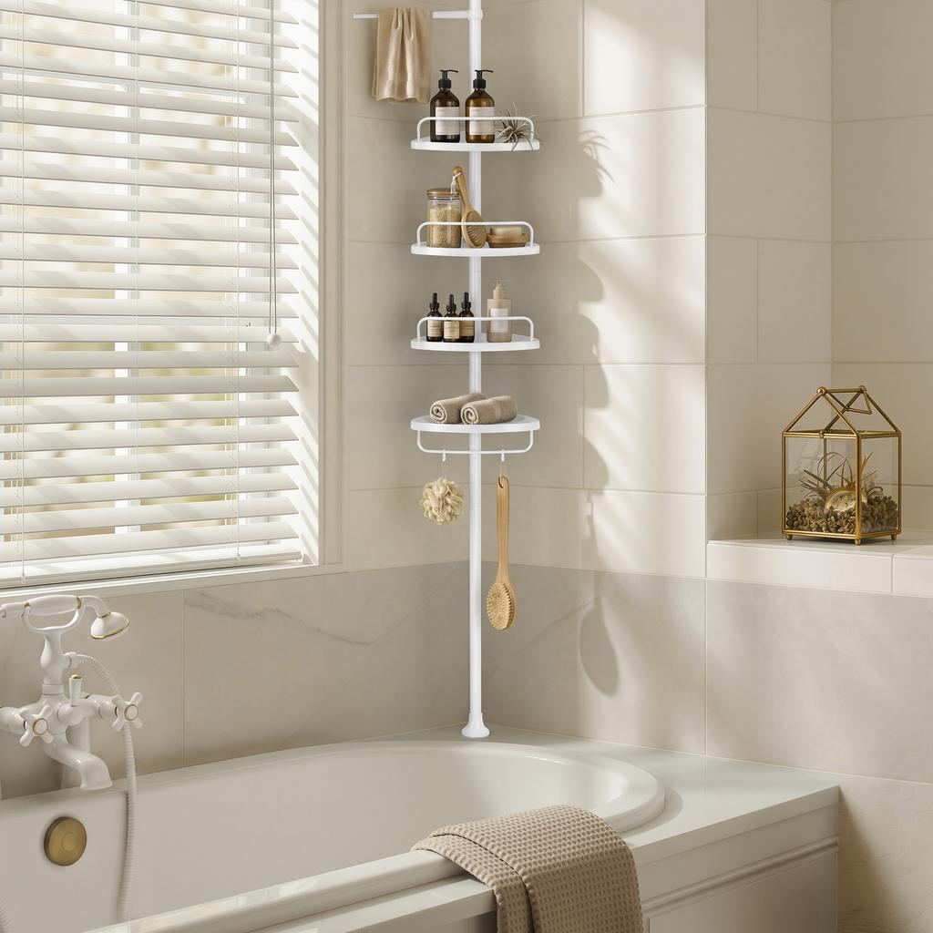SONGMICS 4-Tier Shower Caddy, Corner Bathroom Shower Shelf, with Towel Bar, Adjustable Height, Rust-Resistant Steel, White