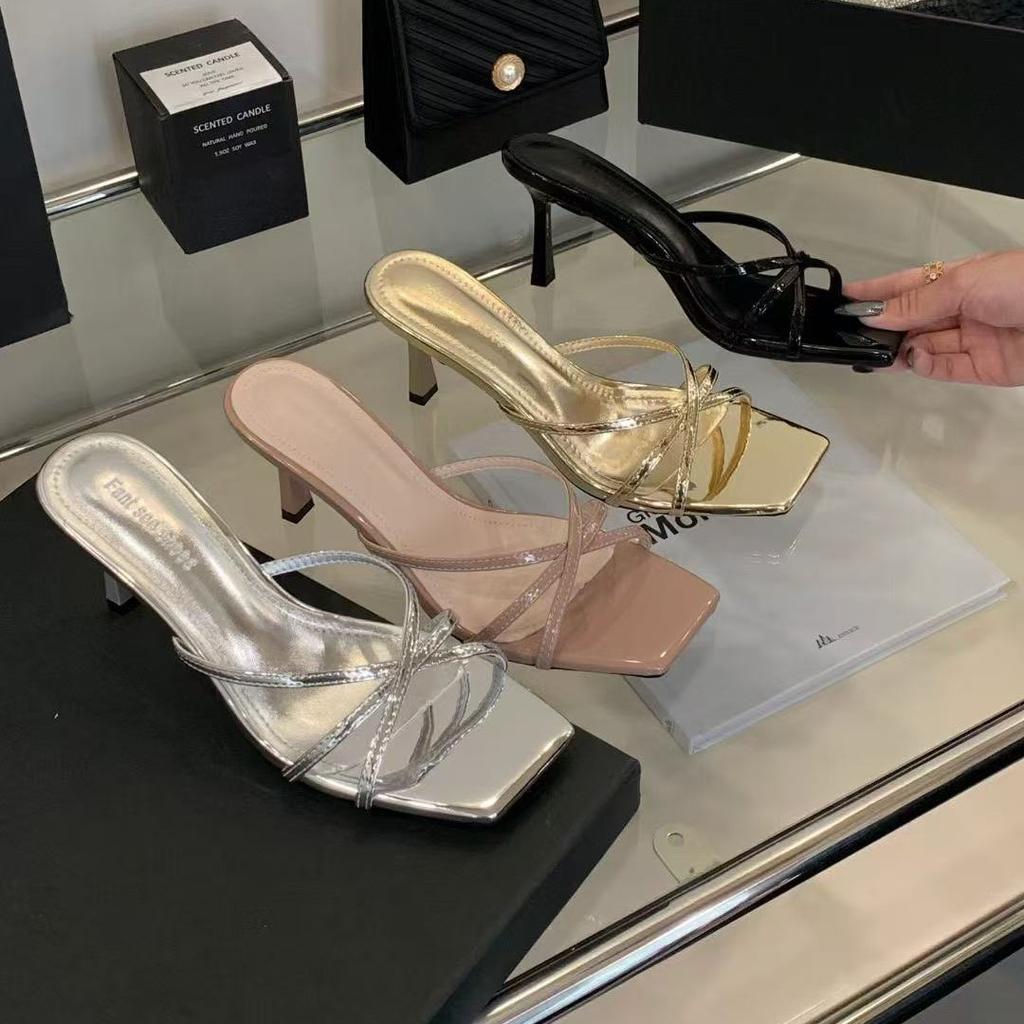 In the Summer of 2025, the New One-word Strap Square Head Open-toed Hollow Stiletto Lazy Person Wears Half-drag Holiday Sandals Women