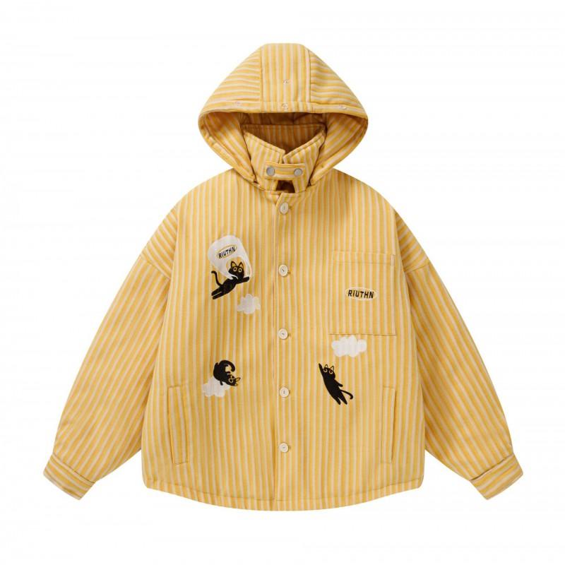 American Retro Cartoon Cat Embroidered Detachable Hood Winter Warm Cotton Coat Men Women